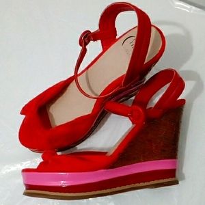Red pink velvety toe platform wedge sandals